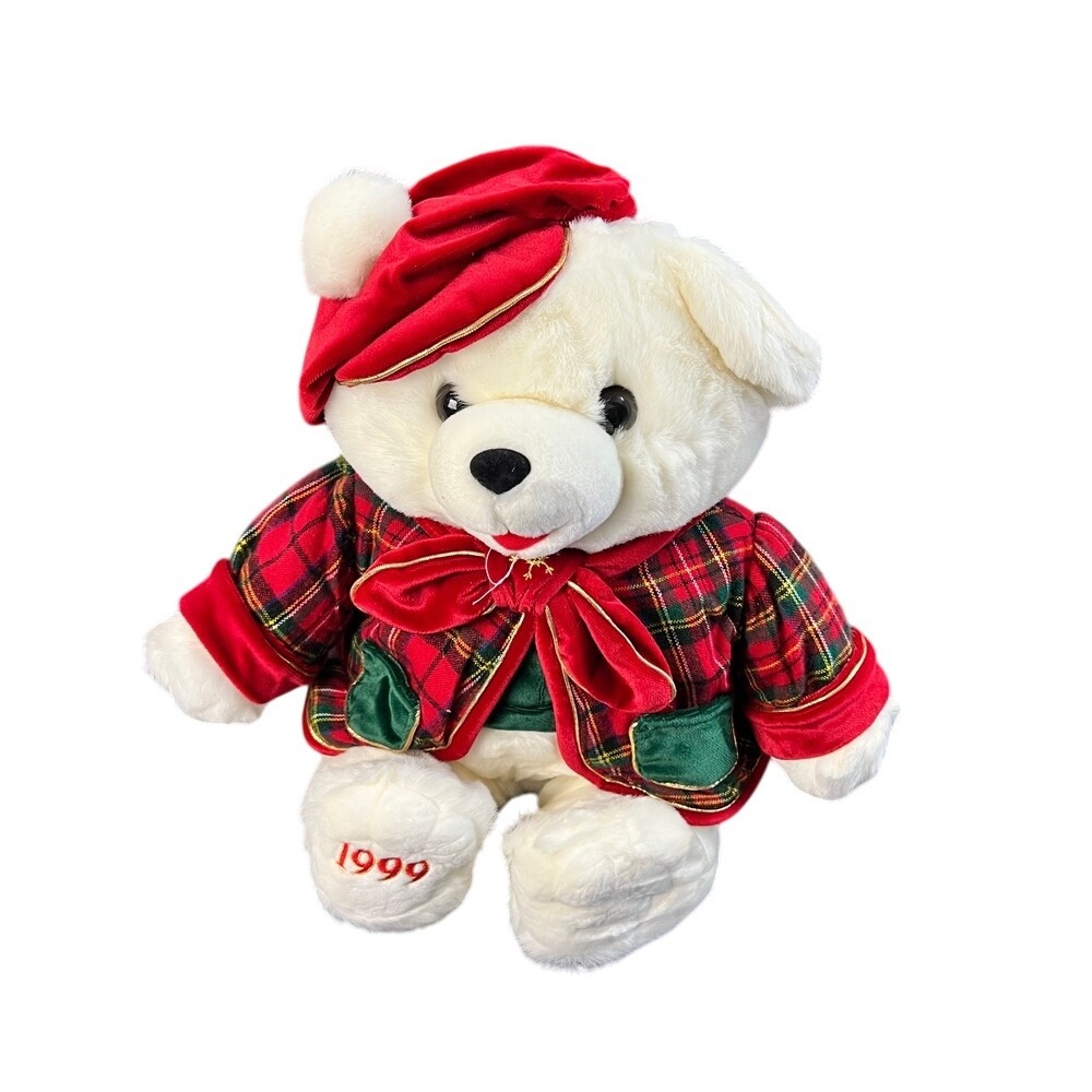 Eden Toys 1999 Christmas Teddy Bear Plush Red Plaid Jacket &‎ Hat Collectible